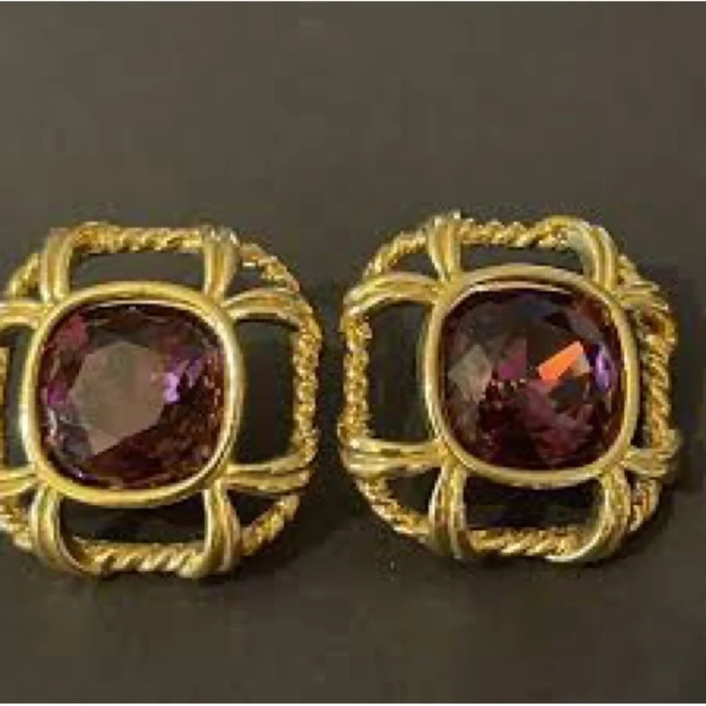 Vintage Swarovski Swan Gold And Purple Earrings Pierced